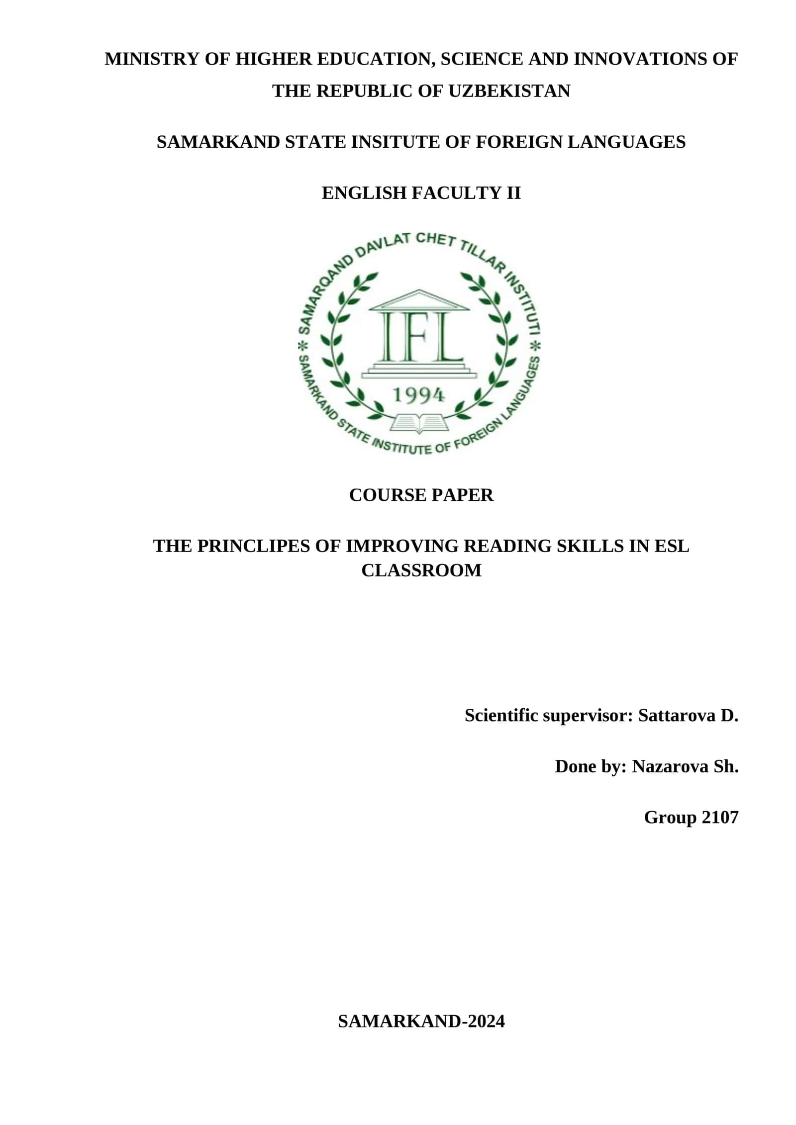THE PRINCLIPES OF IMPROVING READING SKILLS IN ESL CLASSROOM