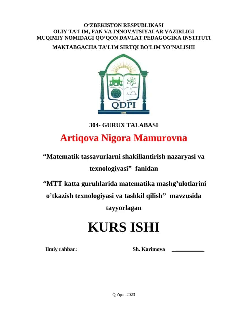 "MTT katta guruhlarida matematika mashg’ulotlarini o’tkazish texnologiyasi va tashkil qilish"