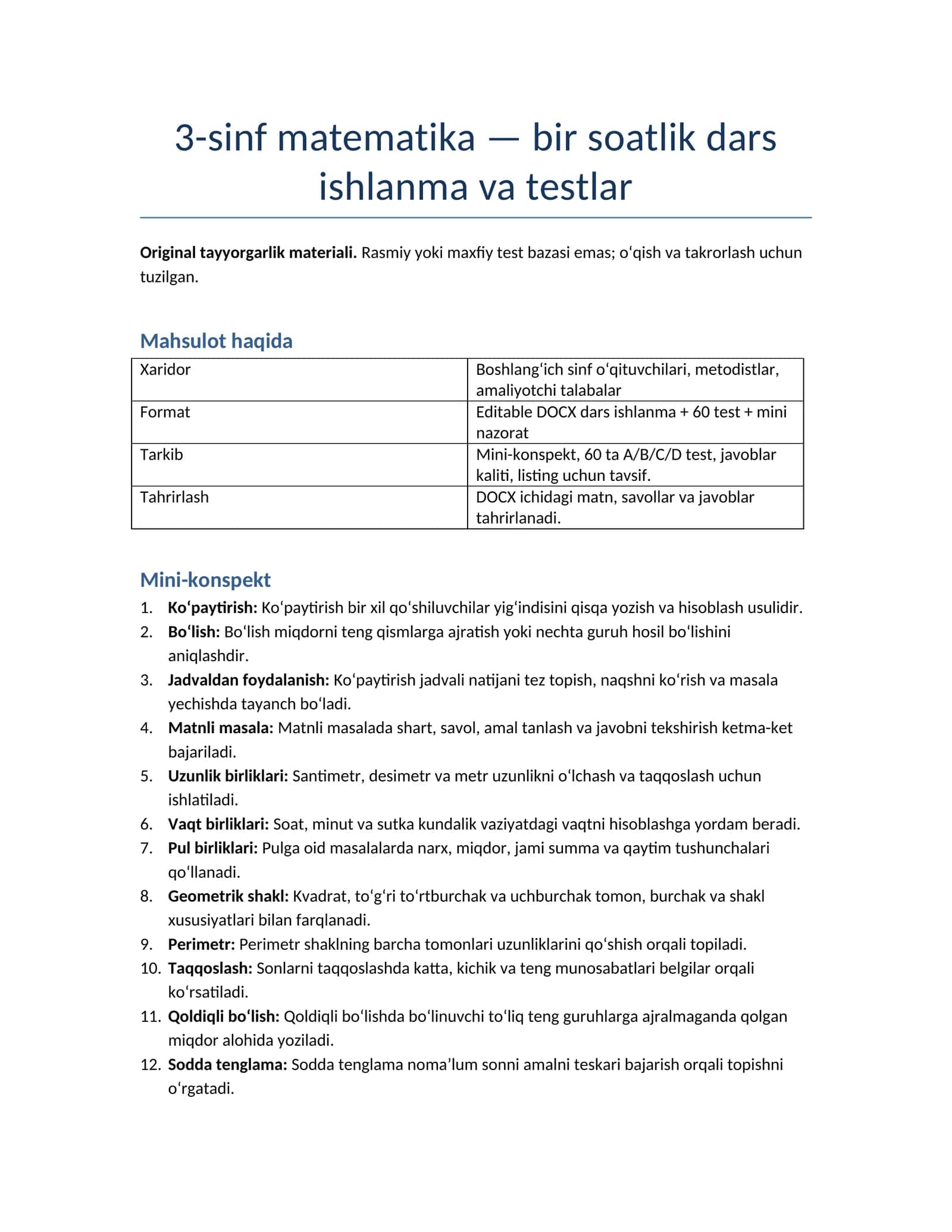 3-sinf matematika — bir soatlik dars ishlanma va testlar
