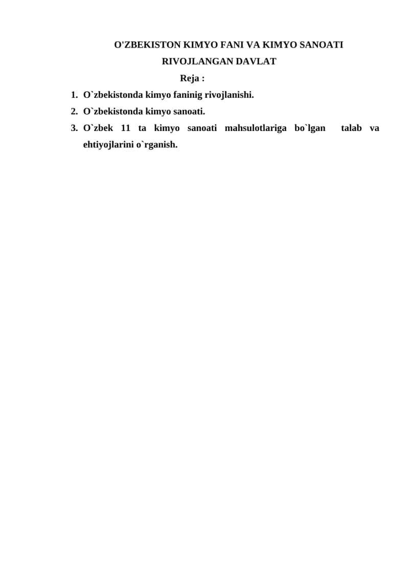 O`ZBEKISTON KIMYO FANI VA KIMYO SANOATI RIVOJLANGAN DAVLAT