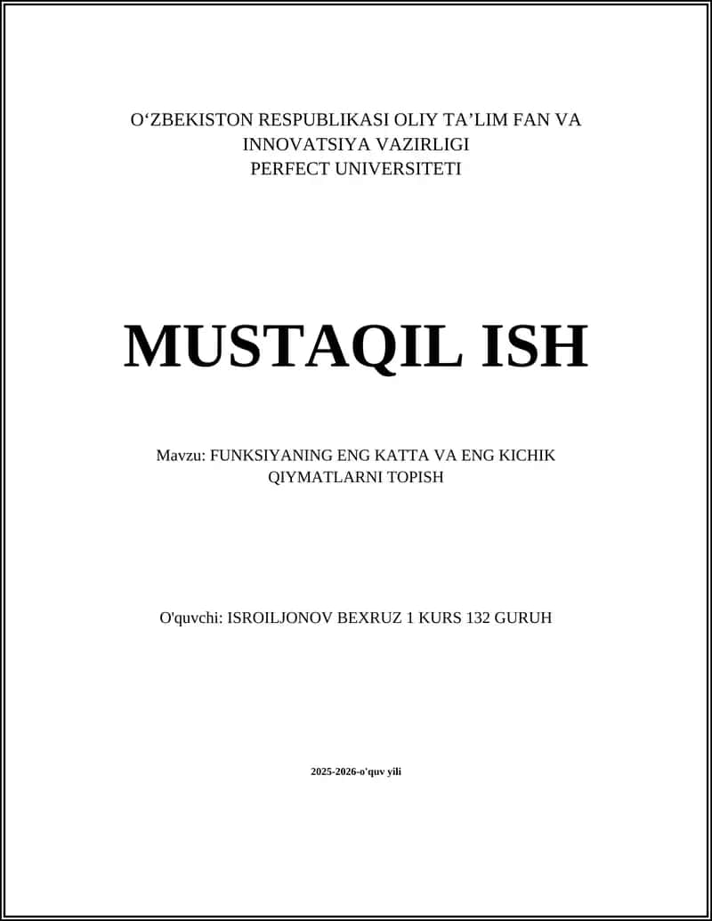 FUNKSIYANING ENG KATTA VA ENG KICHIK QIYMATLARNI TOPISH