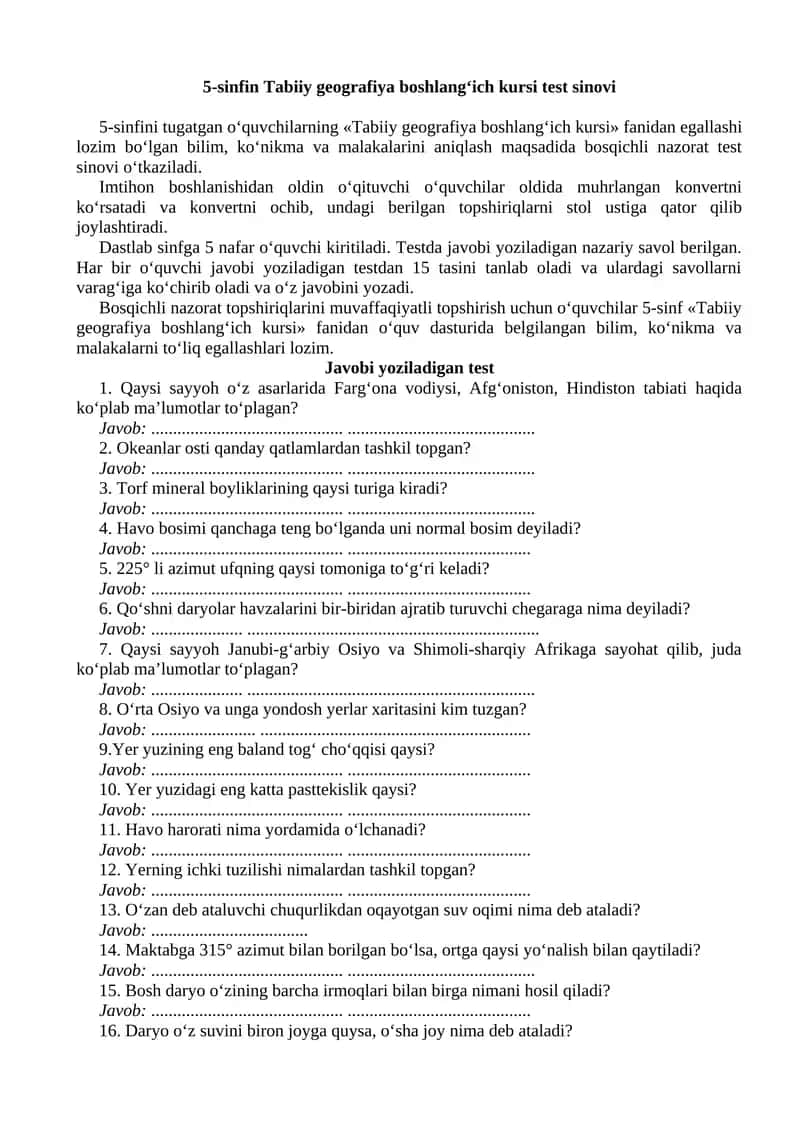 5-sinfi Tabiiy geografiya boshlang‘ich kursi test sinovi