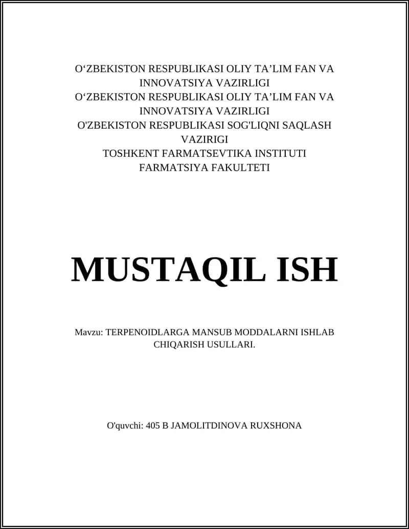TERPENOIDLARGA MANSUB MODDALARNI ISHLAB CHIQARISH USULLARI