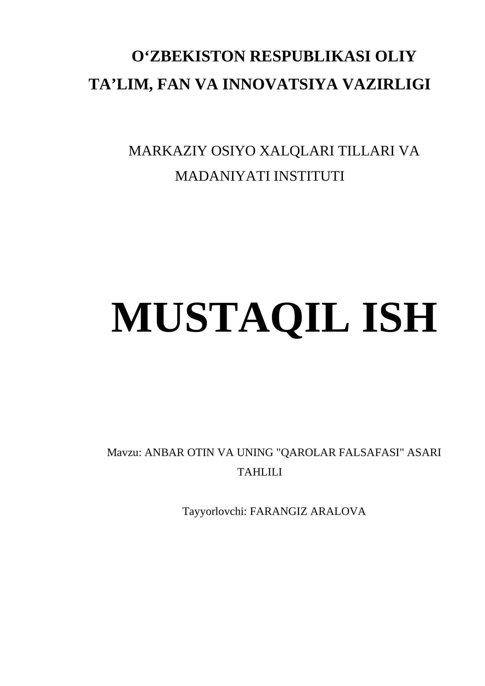 ANBAR OTIN VA UNING "QAROLAR FALSAFASI" ASARI TAHLILI