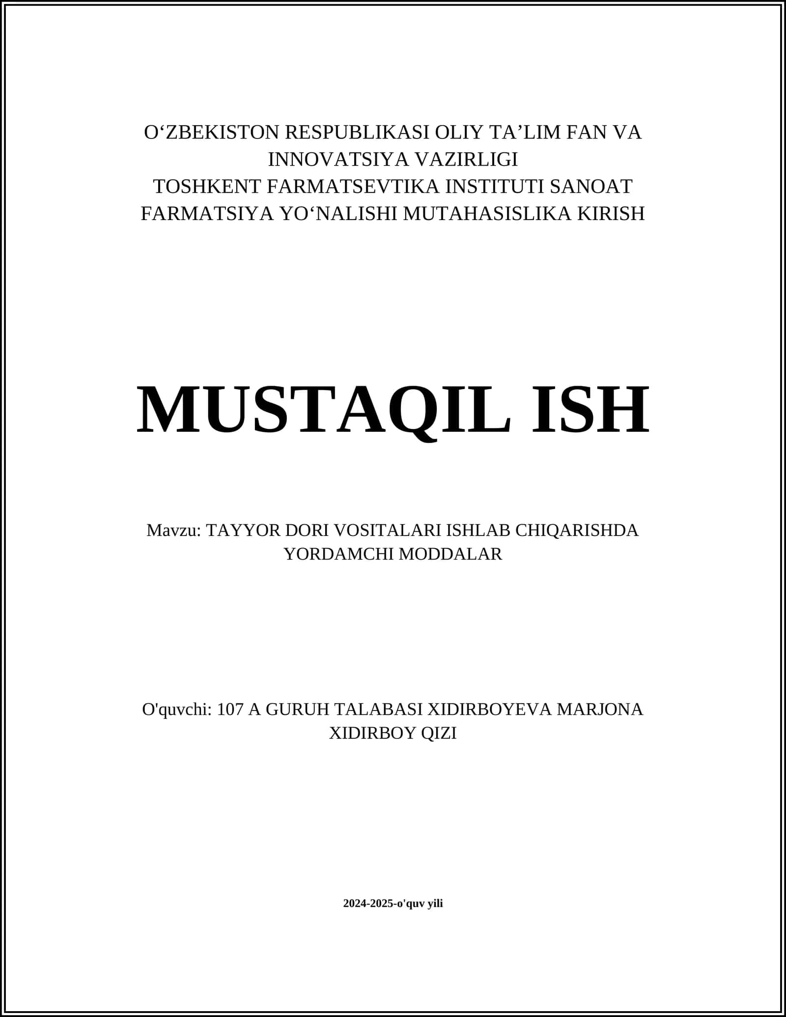 TAYYOR DORI VOSITALARI ISHLAB CHIQARISHDA YORDAMCHI MODDALAR