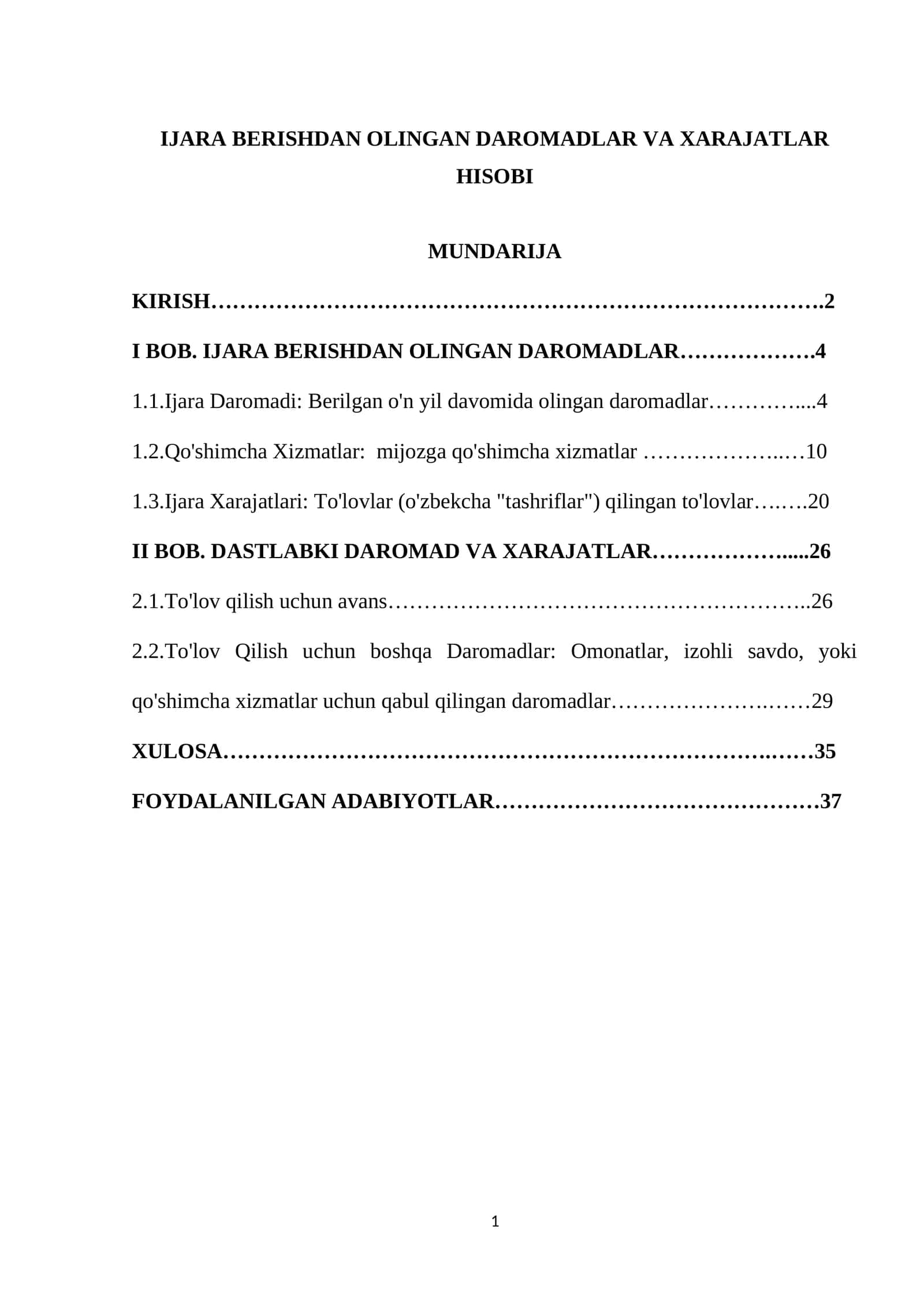 IJARA BERISHDAN OLINGAN DAROMADLAR VA XARAJATLAR HISOBI