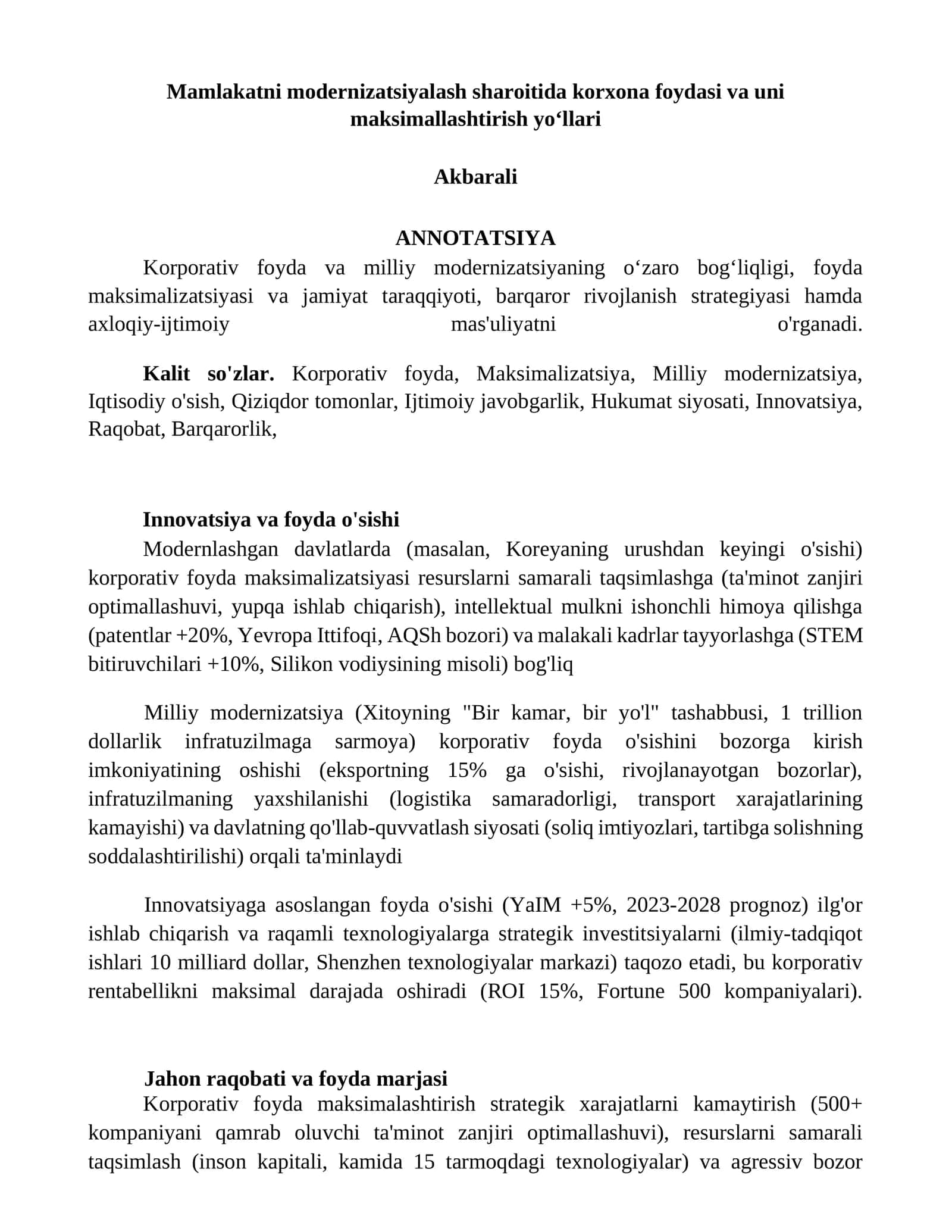 Mamlakatni modernizatsiyalash sharoitida korxona foydasi va uni maksimallashtirish yoʻllari