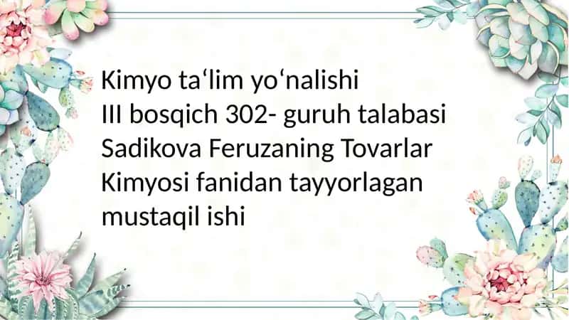 Maishiy kimyo tovarlarining TIFTNasosida tasniflanishi