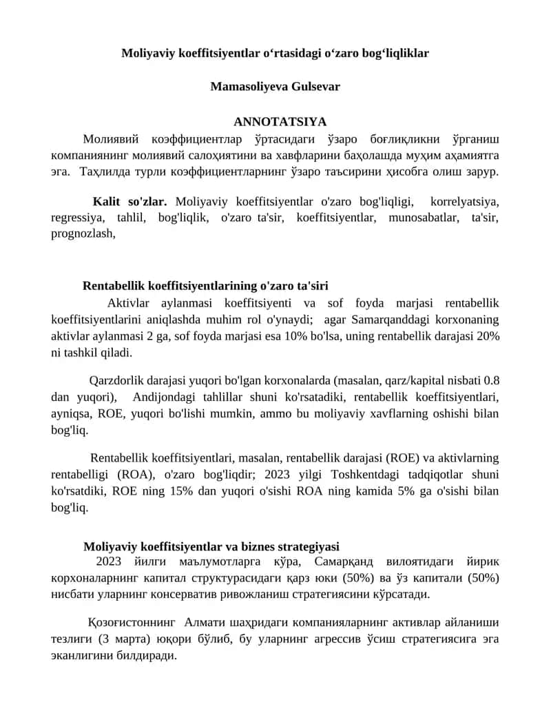 Moliyaviy koeffitsiyentlar o‘rtasidagi o‘zaro bog‘liqliklar