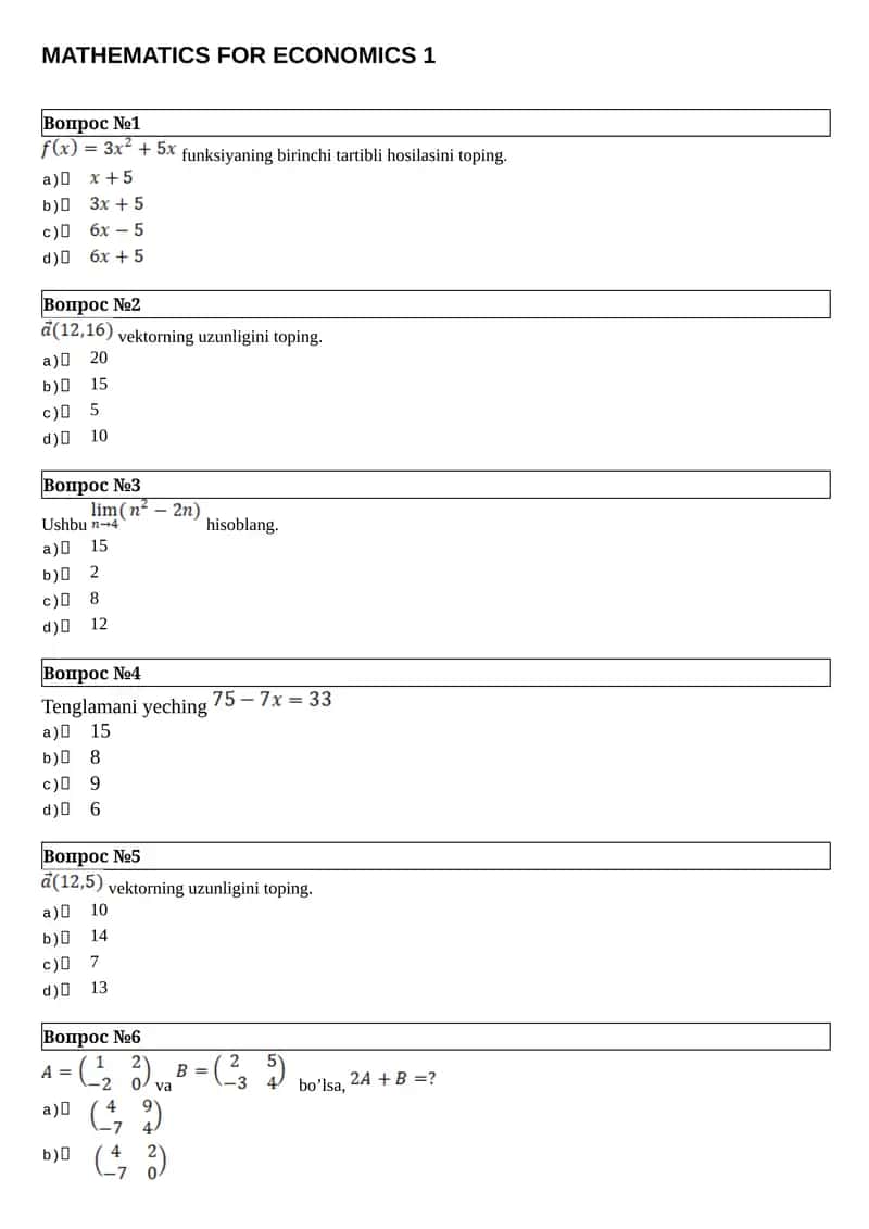 MATHEMATICS FOR ECONOMICS 1
