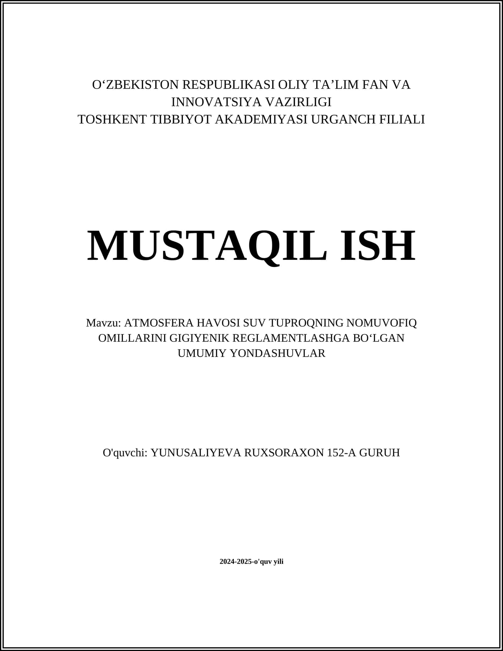 ATMOSFERA HAVOSI SUV TUPROQNING NOMUVOFIQ OMILLARINI GIGIYENIK REGLAMENTLASHGA BOʻLGAN UMUMIY YONDASHUVLAR