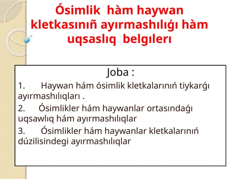 Haywan hám ósimlik kletkasınıñ ayırmashılıģı hàm uqsaslıq belgılerı