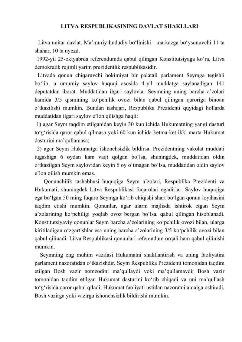 Litva Respublikasi davlat shakllari (tezis)