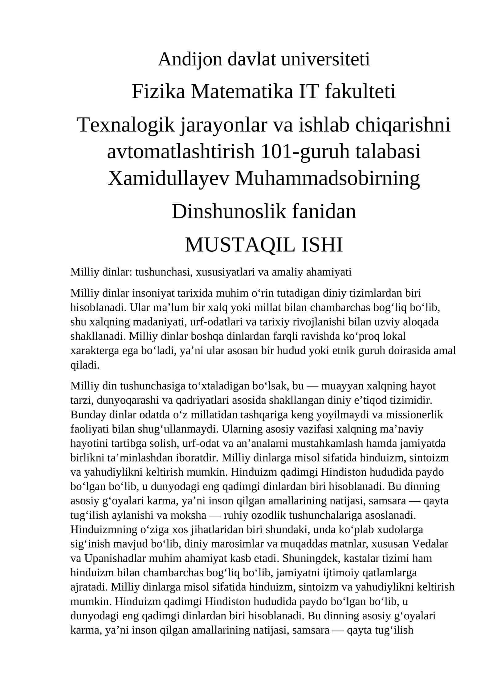 Dinshunoslik fanidan MUSTAQIL ISHI