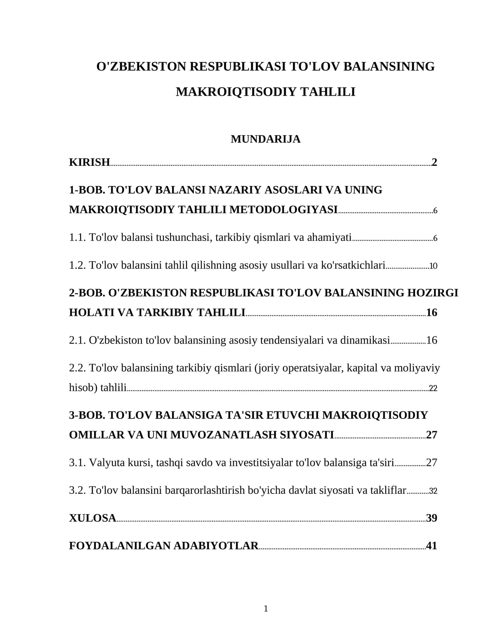 O'ZBEKISTON RESPUBLIKASI TO'LOV BALANSINING MAKROIQTISODIY TAHLILI