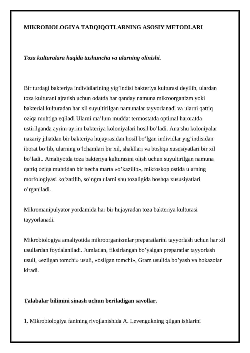 MIKROBIOLOGIYA TADQIQOTLARNING ASOSIY METODLARI