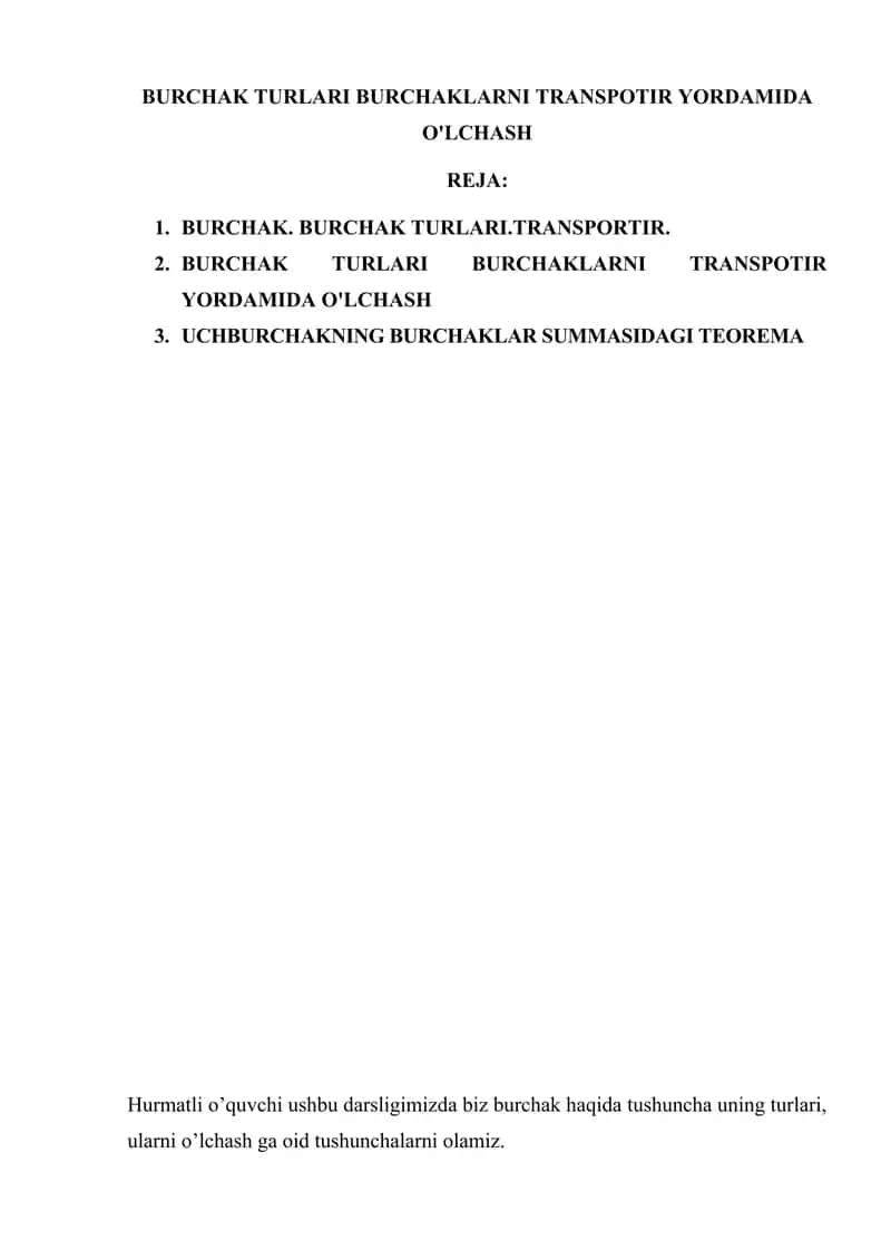BURCHAK TURLARI BURCHAKLARNI TRANSPOTIR YORDAMIDA O'LCHASH