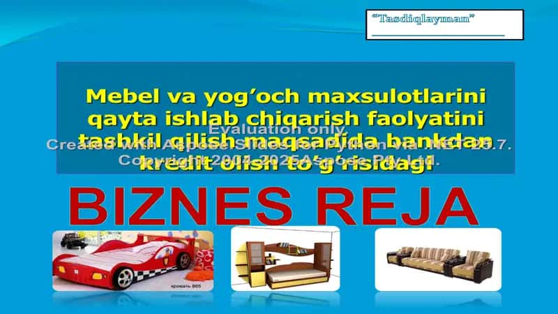 Mebel va yog’och maxsulotlarini qayta ishlab chiqarish faolyatini tashkil qilish maqsadida bankdan kredit olish to’g’risidagi