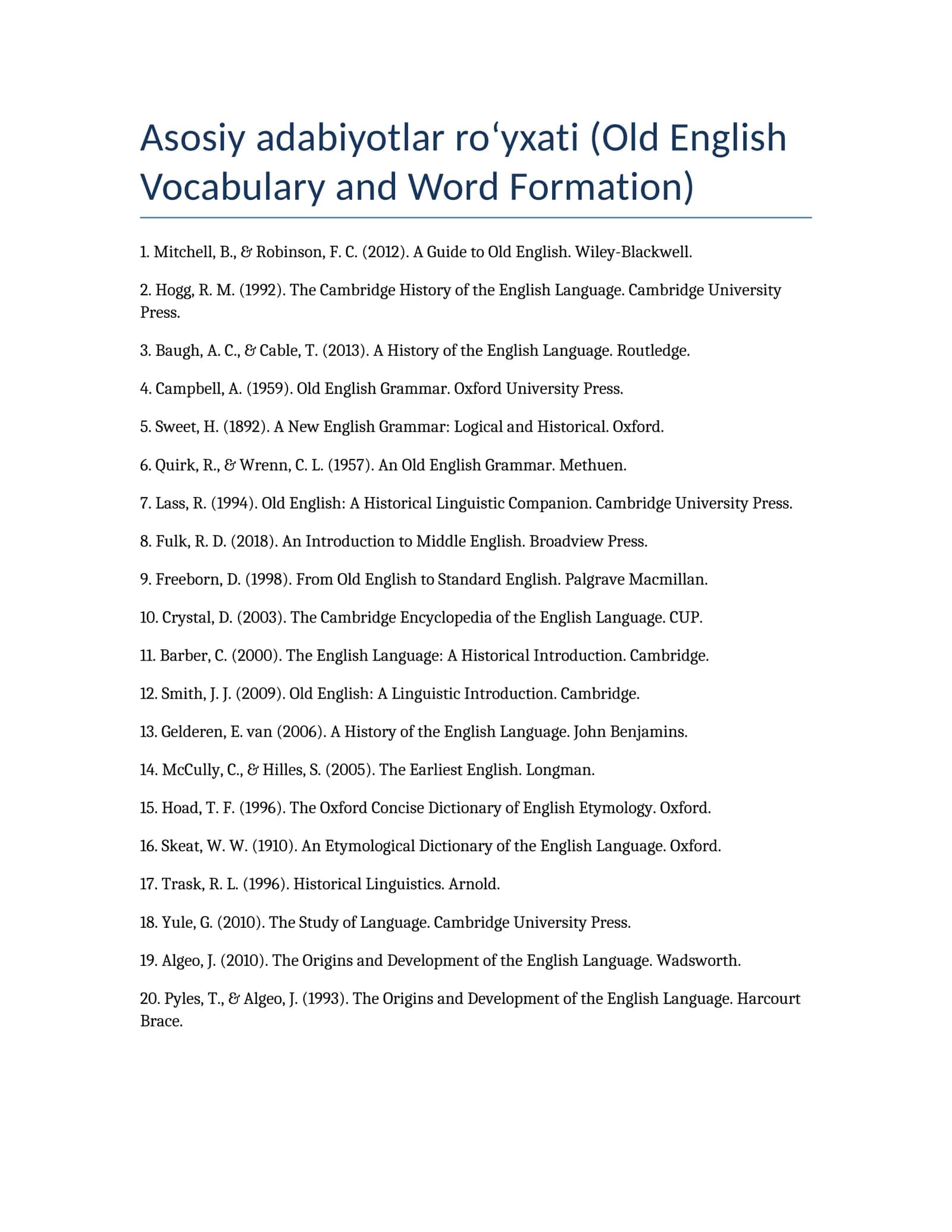Asosiy adabiyotlar ro‘yxati (Old English Vocabulary and Word Formation)