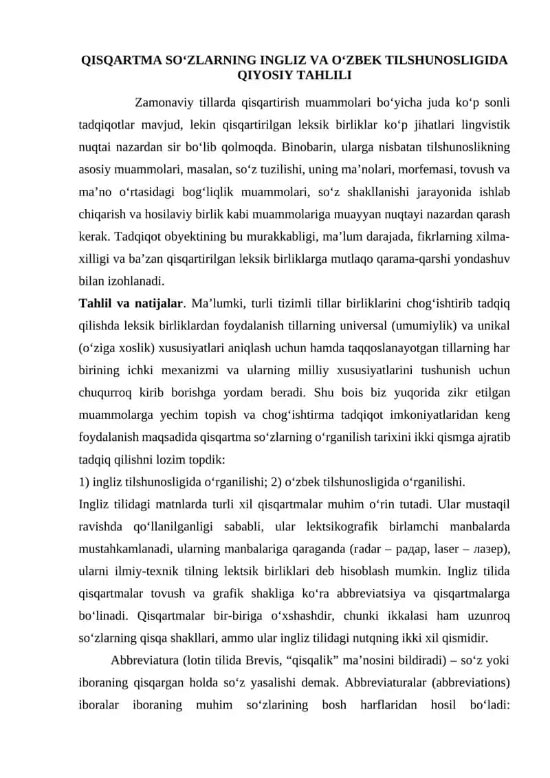 Qisqartma so‘zlarning ingliz va o‘zbek tilshunosligida qiyosiy tahlili