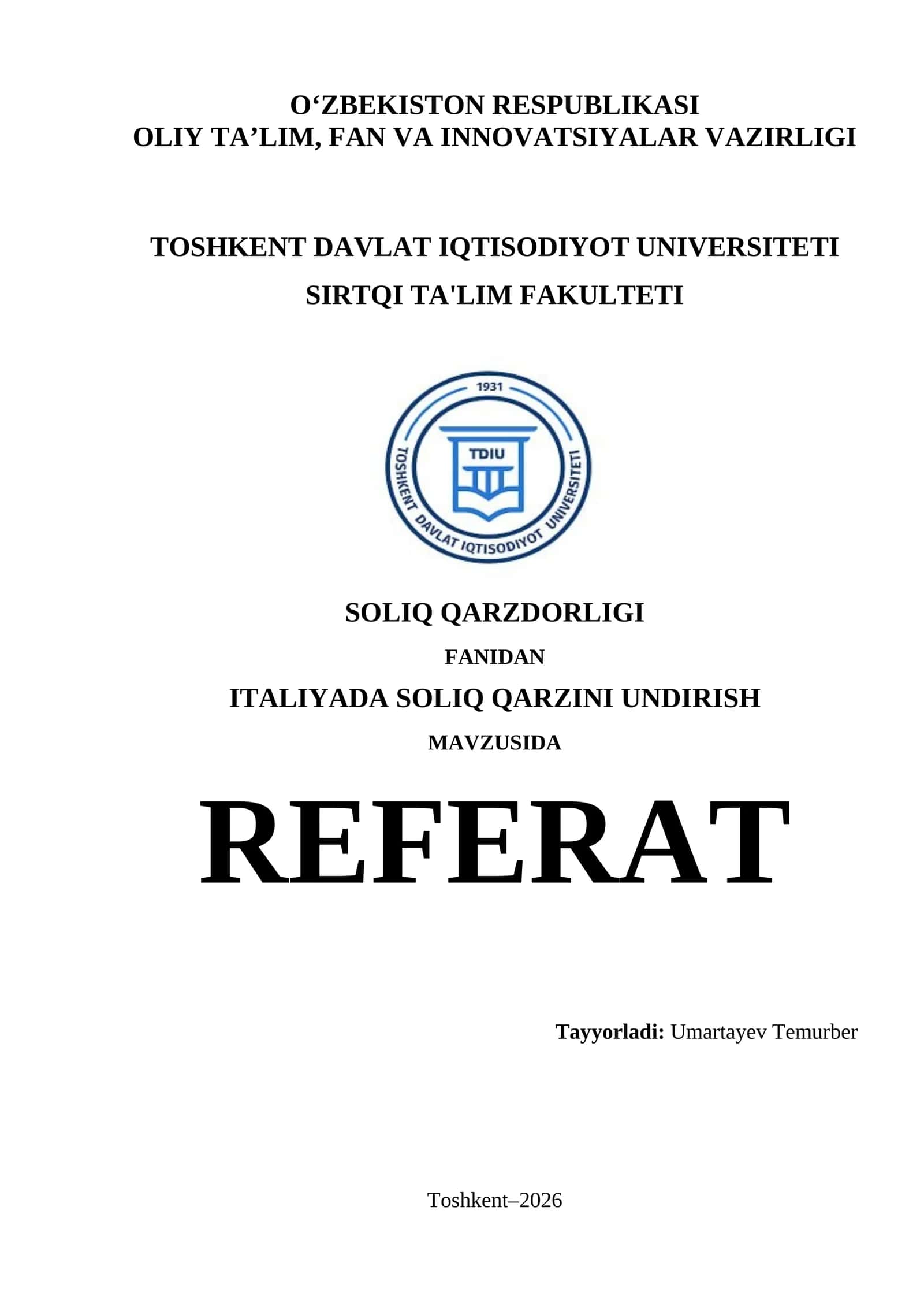 ITALIYADA SOLIQ QARZINI UNDIRISH REFERAT
