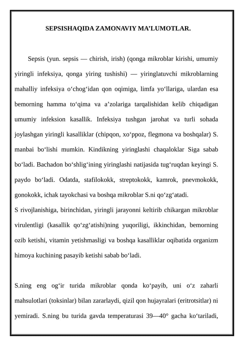 SEPSISHAQIDA ZAMONAVIY MA’LUMOTLAR