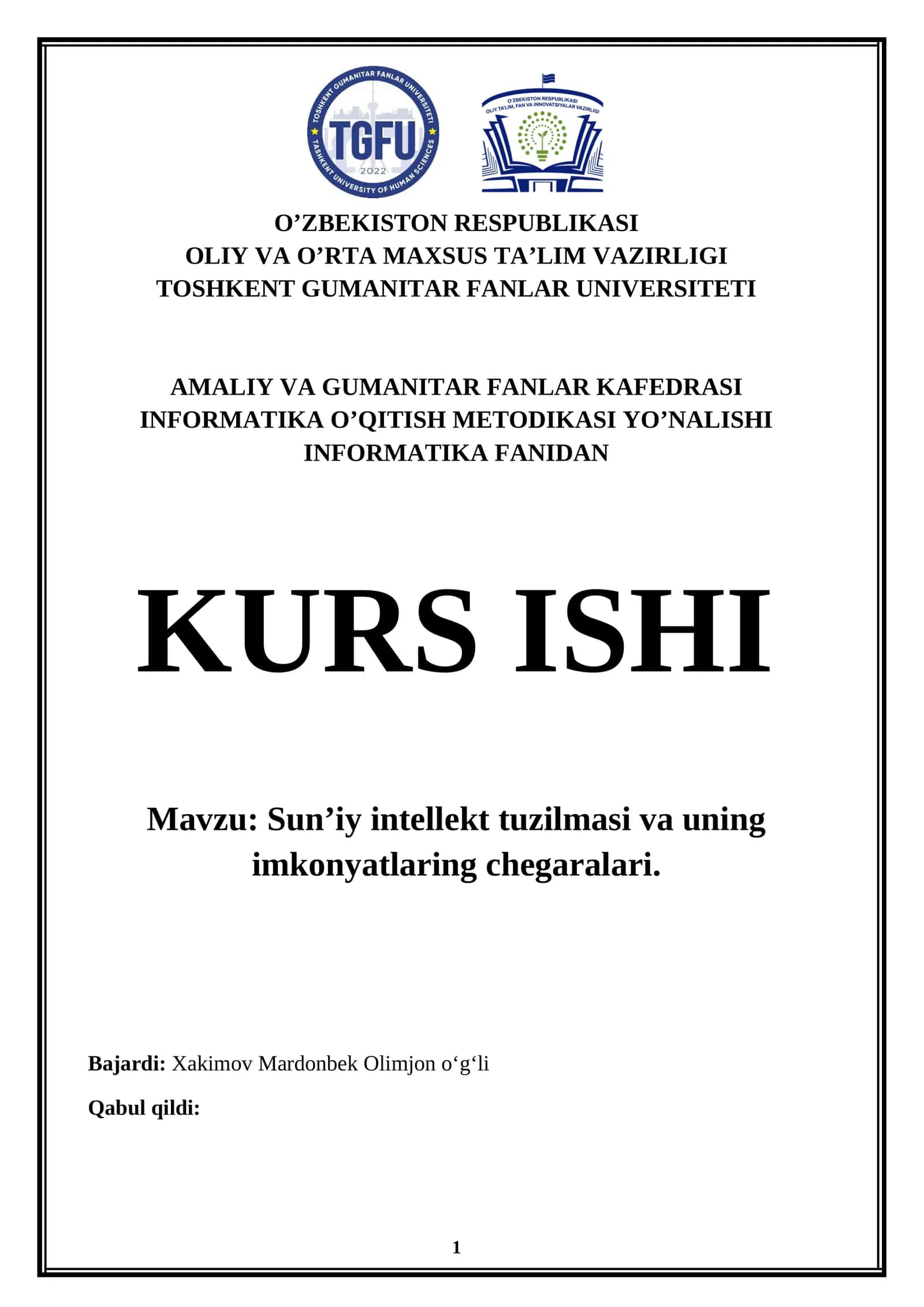 Sun’iy intellekt tuzilmasi va uning imkonyatlaring chegaralari