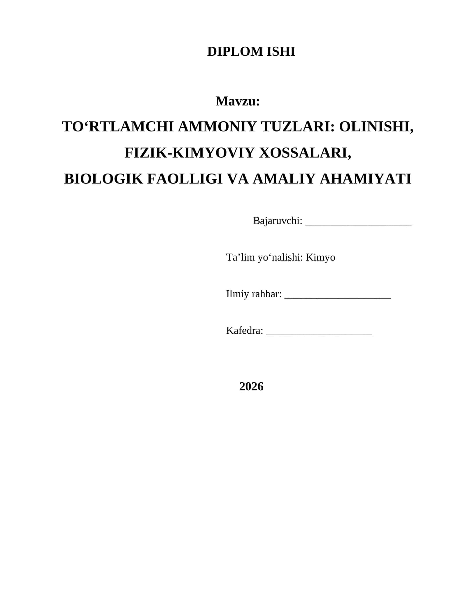 TO‘RTLAMCHI AMMONIY TUZLARI: OLINISHI, FIZIK-KIMYOVIY XOSSALARI, BIOLOGIK FAOLLIGI VA AMALIY AHAMIYATI