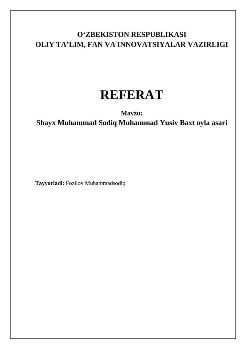 Shayx Muhammad Sodiq Muhammad Yusufning hayoti va ilmiy merosi