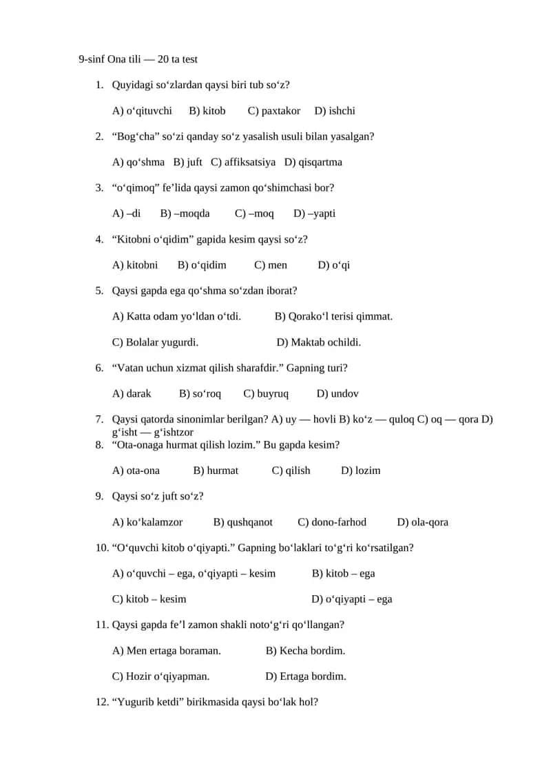 9-sinf Ona tili — 20 ta test