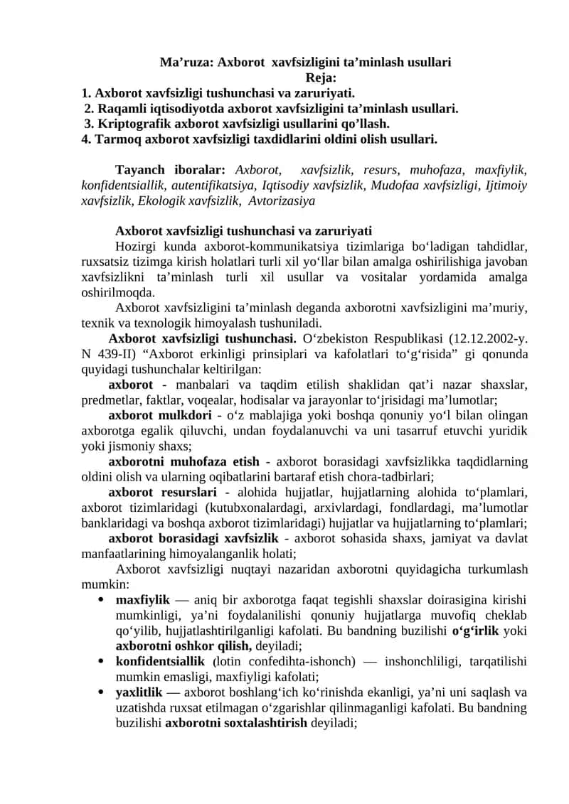 Axborot xavfsizligini ta’minlash usullari