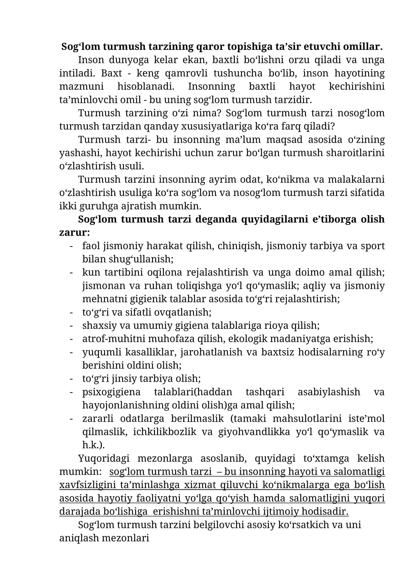 Sog‘lom turmush tarzining qaror topishiga ta’sir etuvchi omillar