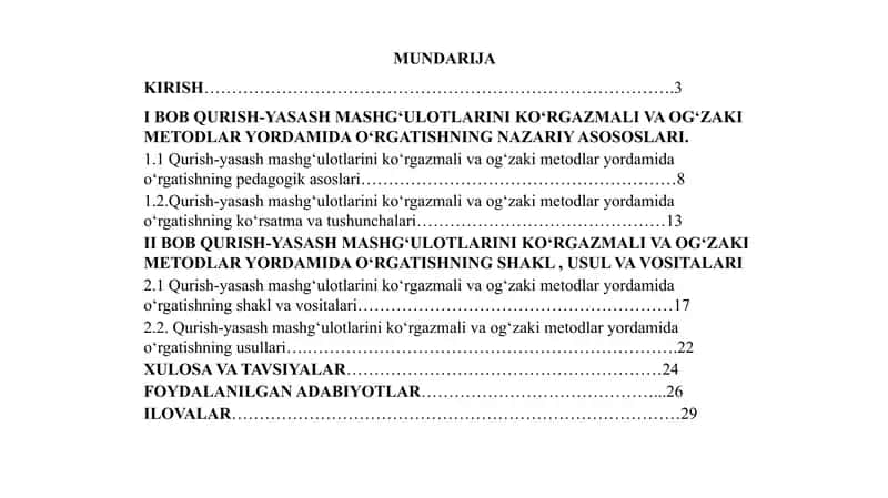 QURISH-YASASH MASHGʻULOTLARINI KOʻRGAZMALI VA OGʻZAKI METODLAR YORDAMIDA OʻRGATISHNING NAZARIY ASOSOSLARI
