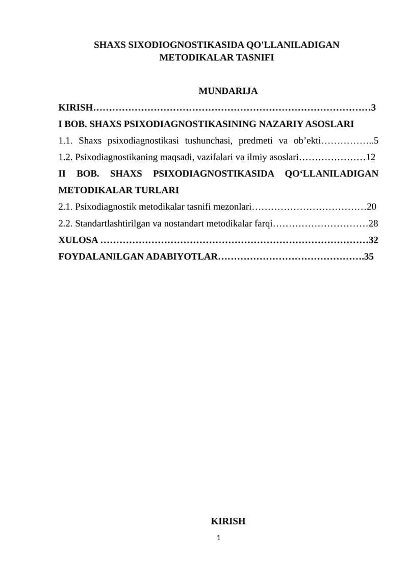 SHAXS SIXODIOGNOSTIKASIDA QO'LLANILADIGAN METODIKALAR TASNIFI