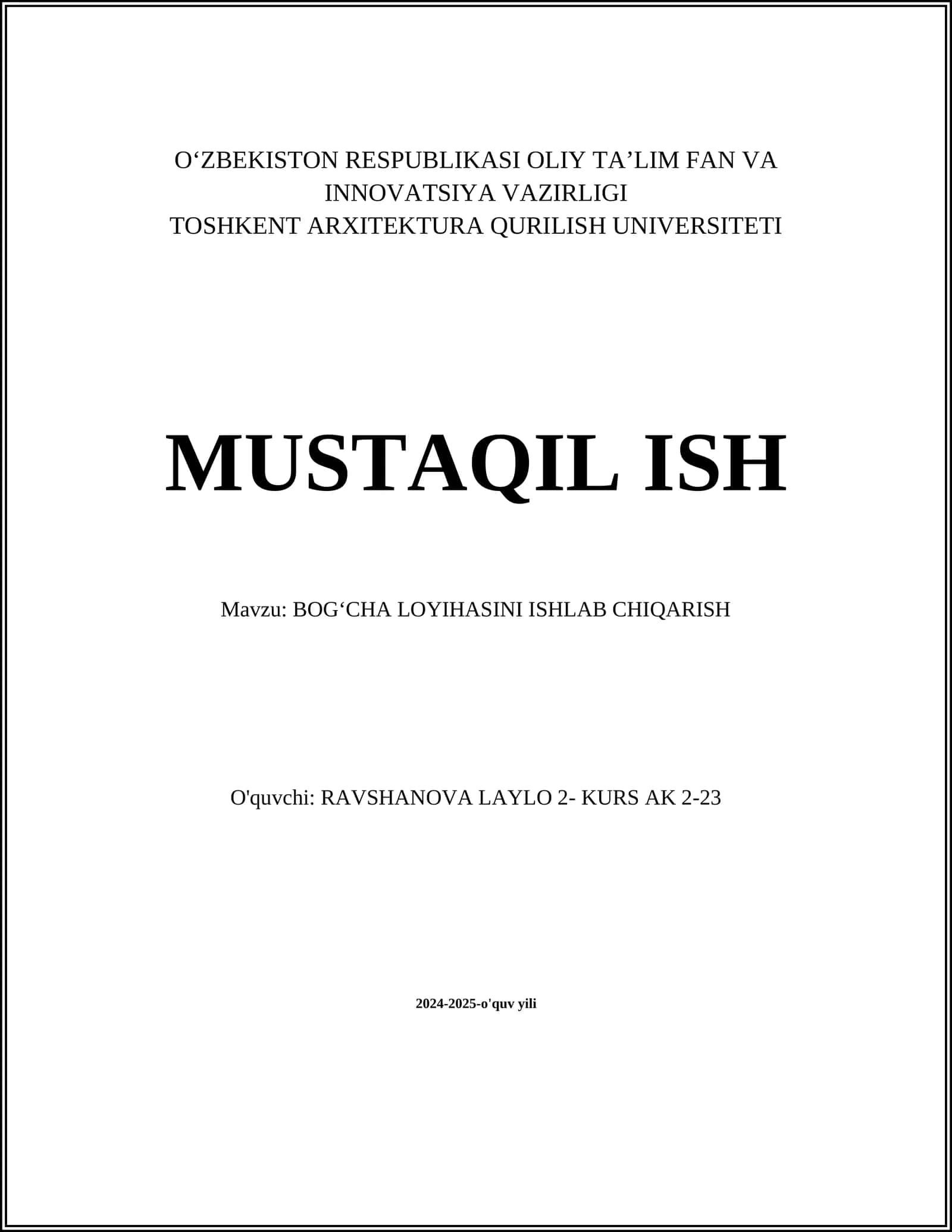 BOGʻCHA LOYIHASINI ISHLAB CHIQARISH
