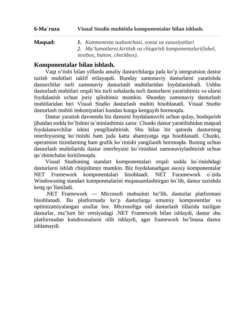 Visual Studio muhitida komponentalar bilan ishlash