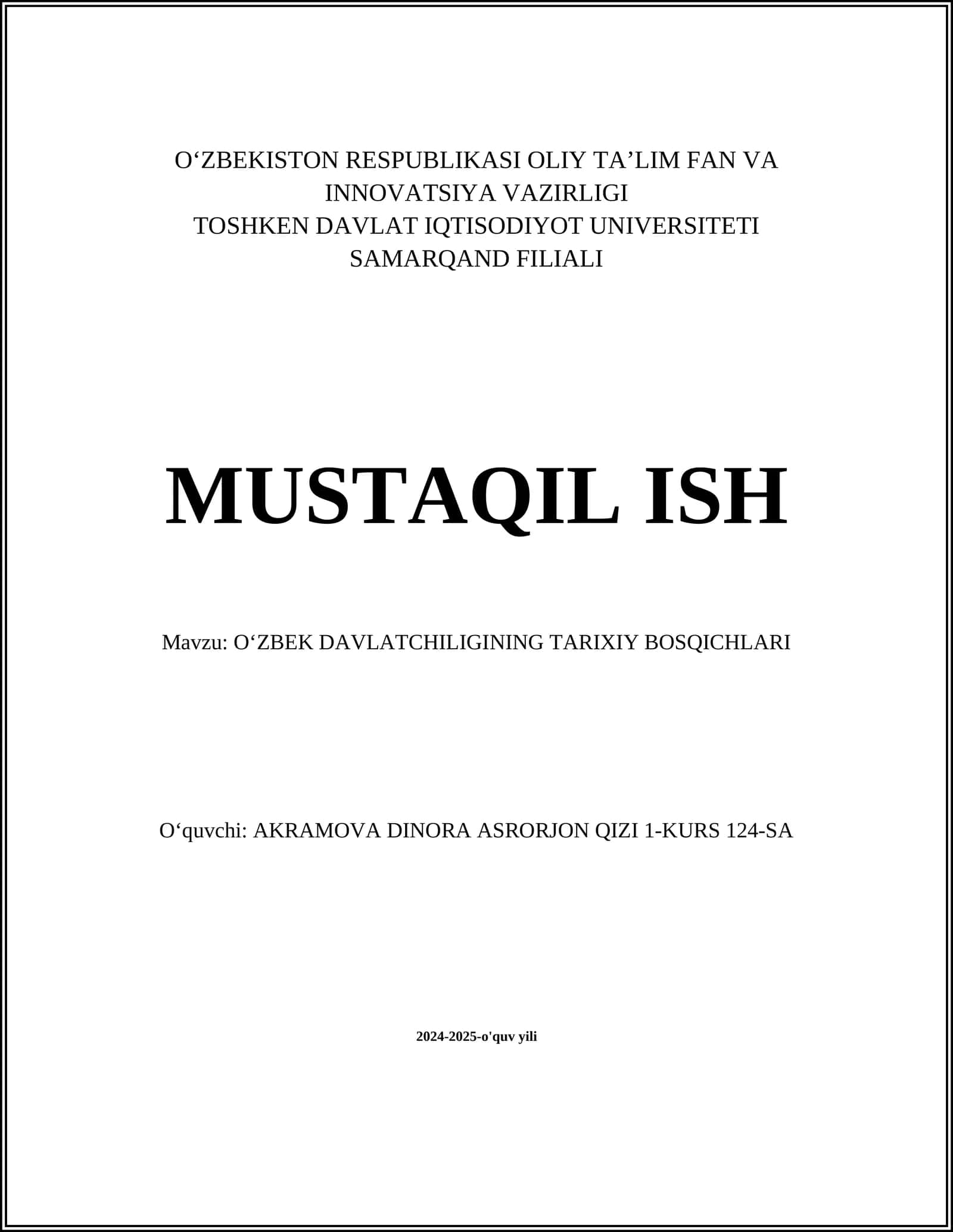 OʻZBEK DAVLATCHILIGINING TARIXIY BOSQICHLARI
