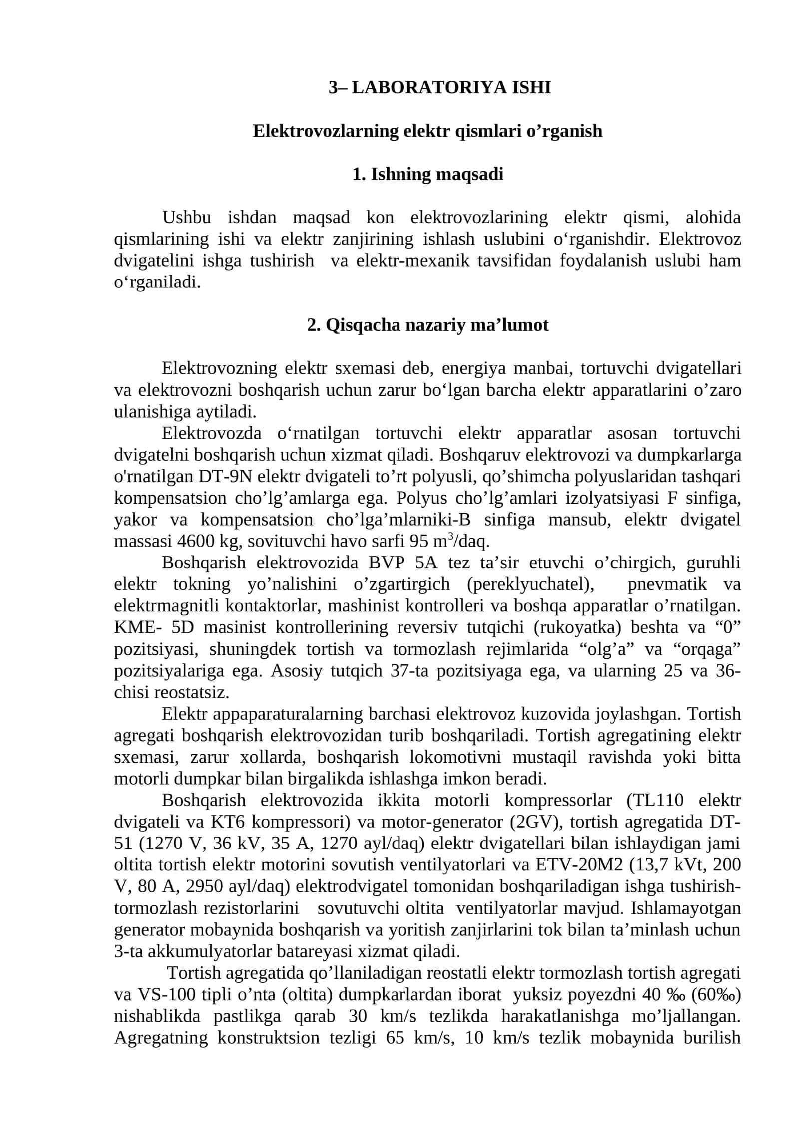 Elektrovozlarning elektr qismlari o’rganish