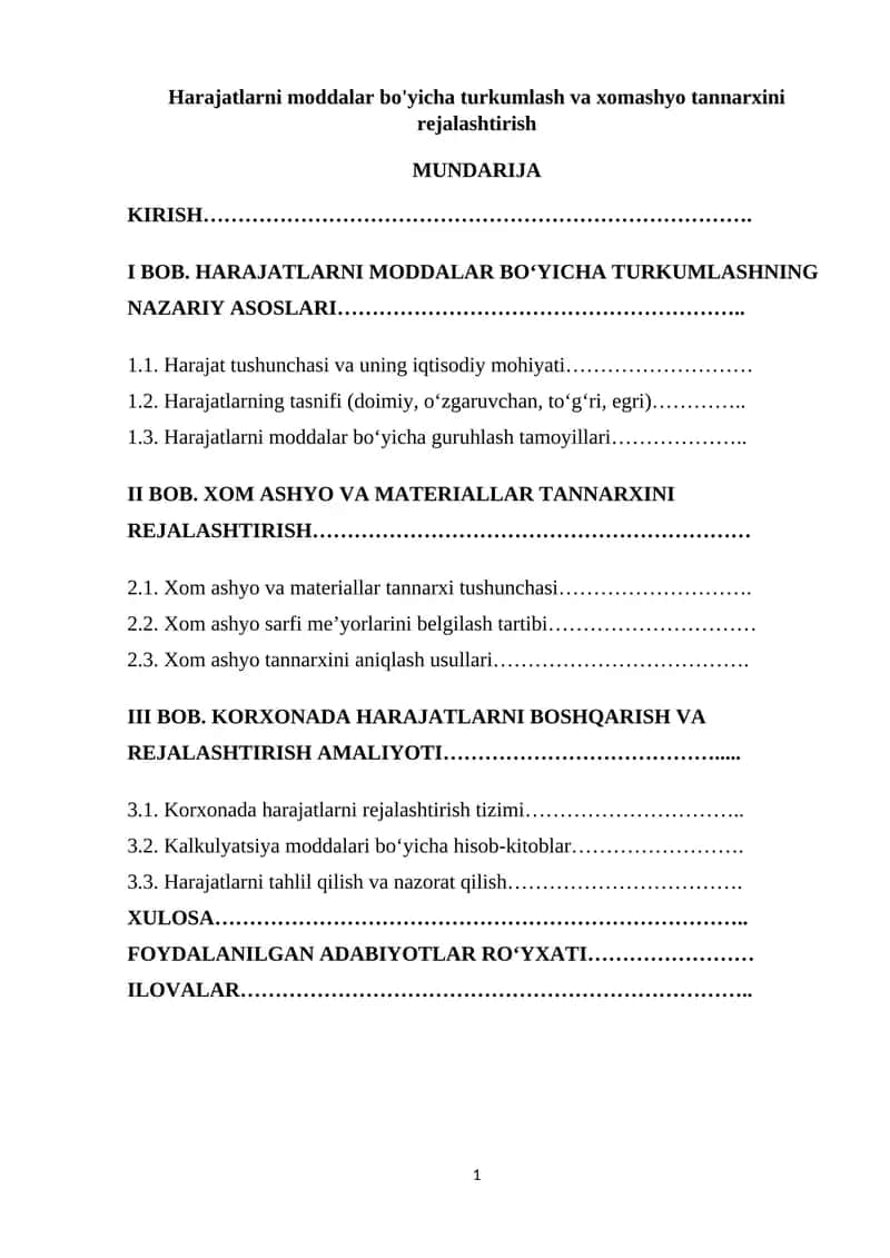 Harajatlarni moddalar bo'yicha turkumlash va xomashyo tannarxini rejalashtirish