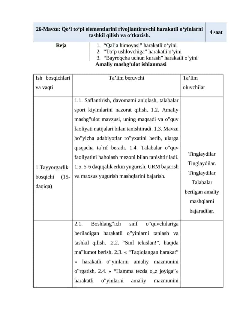 Qo‘l to‘pi elementlarini rivojlantiruvchi harakatli o‘yinlarni tashkil qilish va o‘tkazish