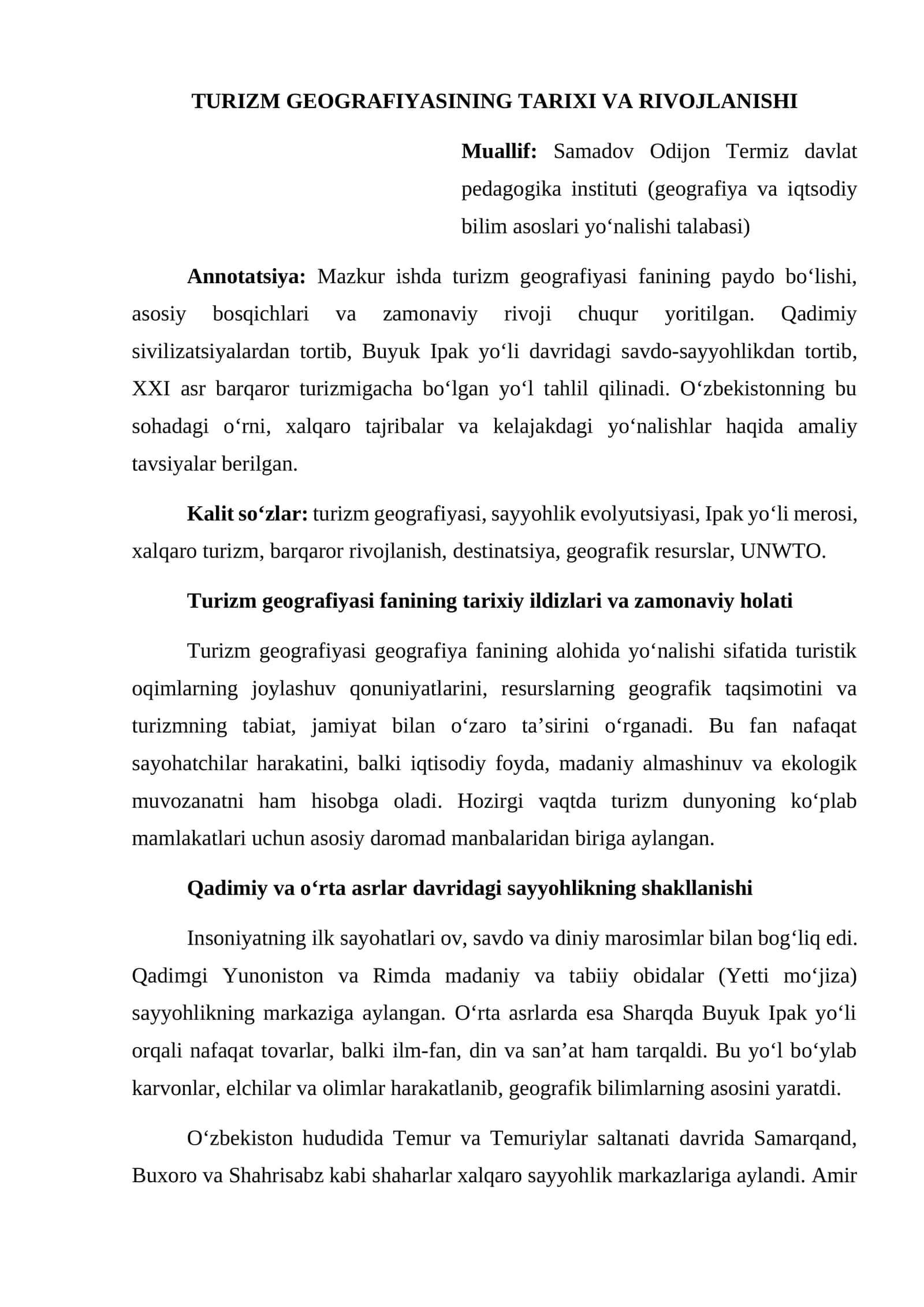 TURIZM GEOGRAFIYASINING TARIXI VA RIVOJLANISHI