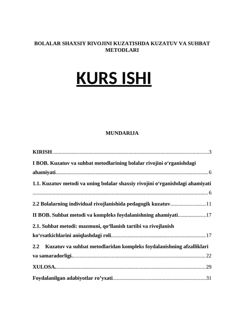 BOLALAR SHAXSIY RIVOJINI KUZATISHDA KUZATUV VA SUHBAT METODLARI KURS ISHI