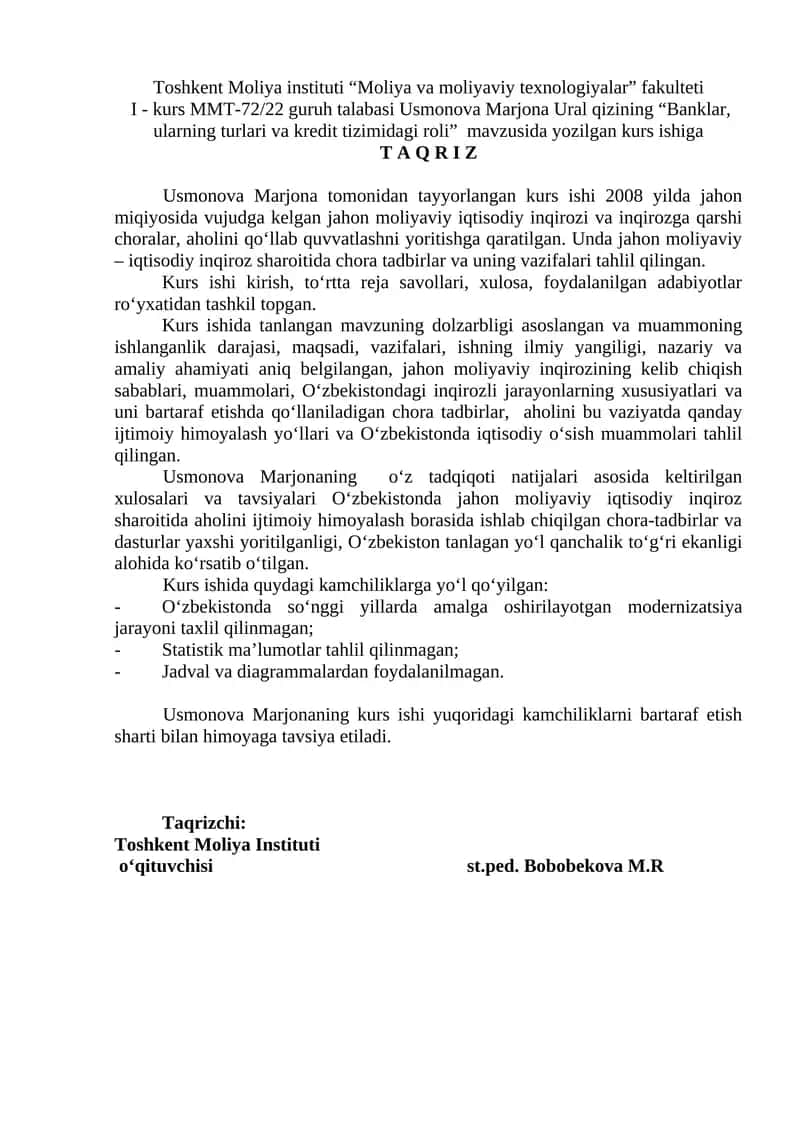 Banklar, ularning turlari va kredit tizimidagi roli