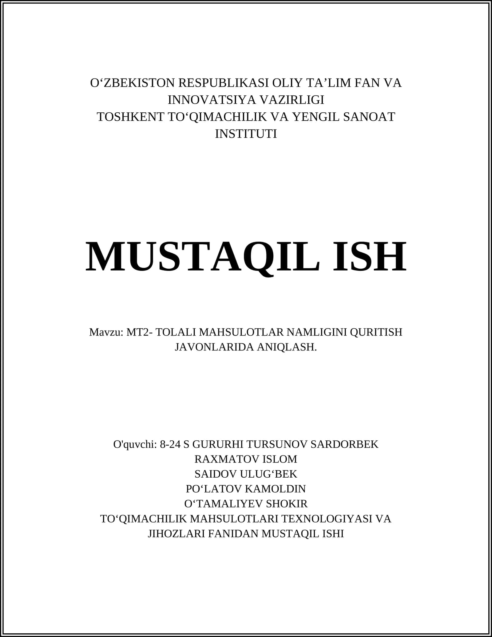 MT2- TOLALI MAHSULOTLAR NAMLIGINI QURITISH JAVONLARIDA ANIQLASH