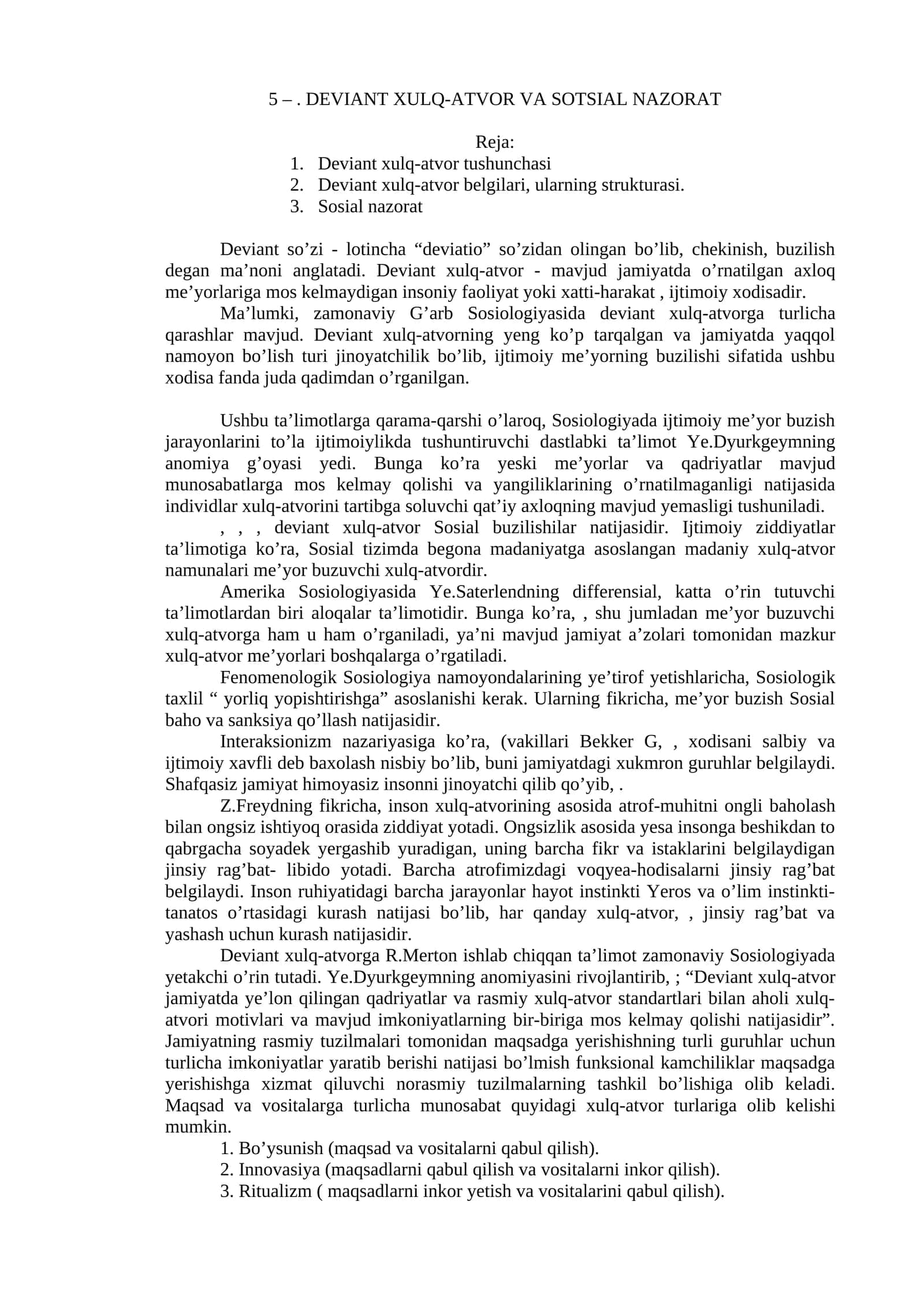 DEVIANT XULQ-ATVOR VA SOTSIAL NAZORAT