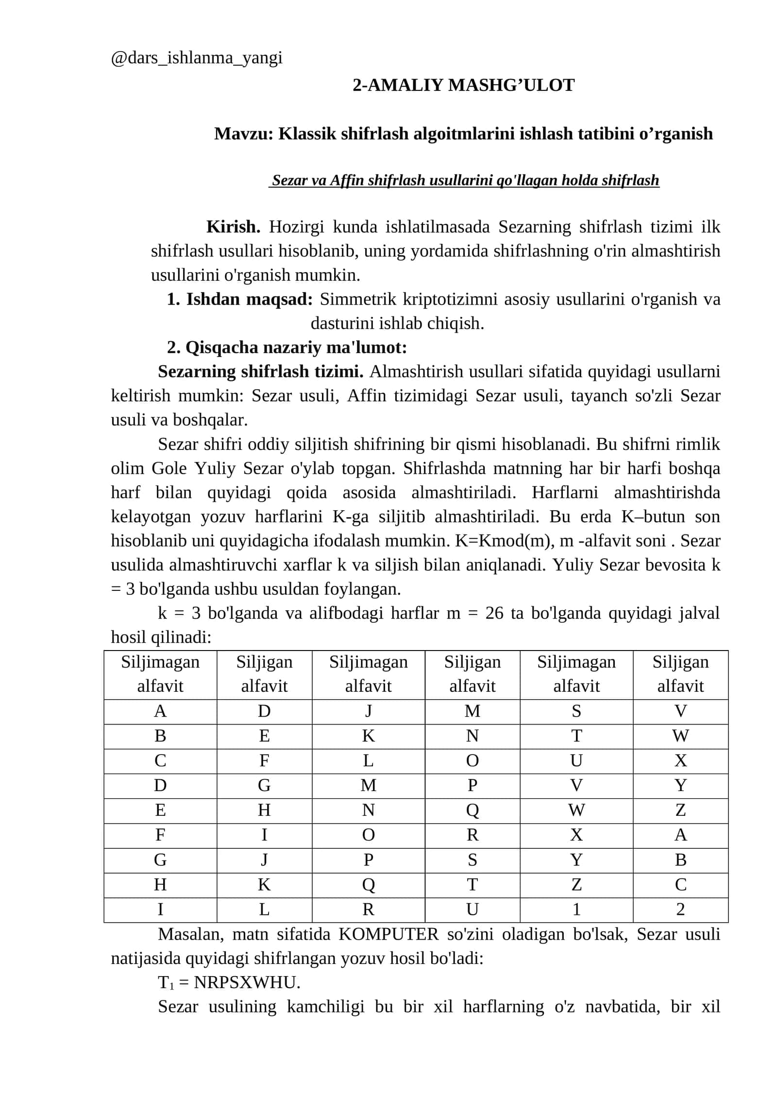 Klassik shifrlash algoitmlarini ishlash tatibini o’rganish