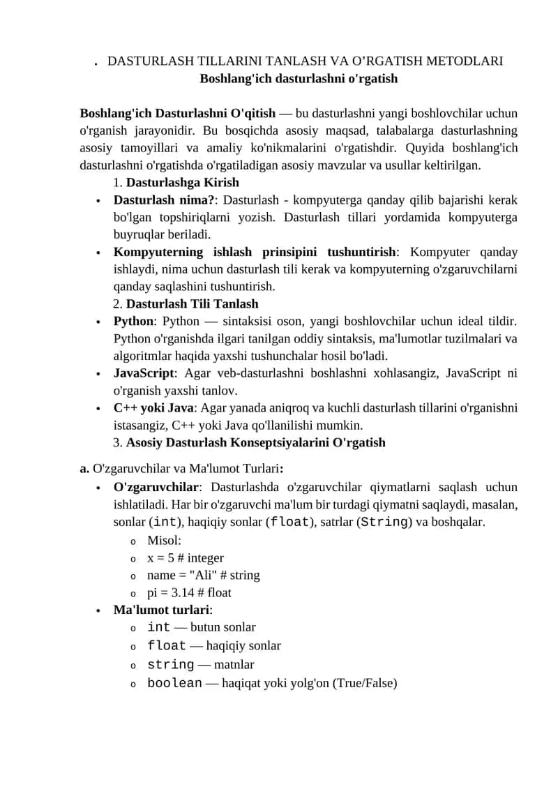 Boshlang'ich Dasturlashni O'qitish