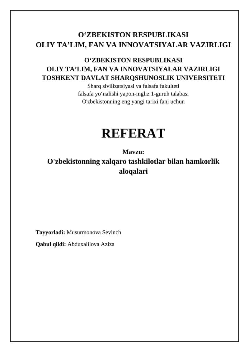 O'zbekistonning xalqaro tashkilotlar bilan hamkorlik aloqalari