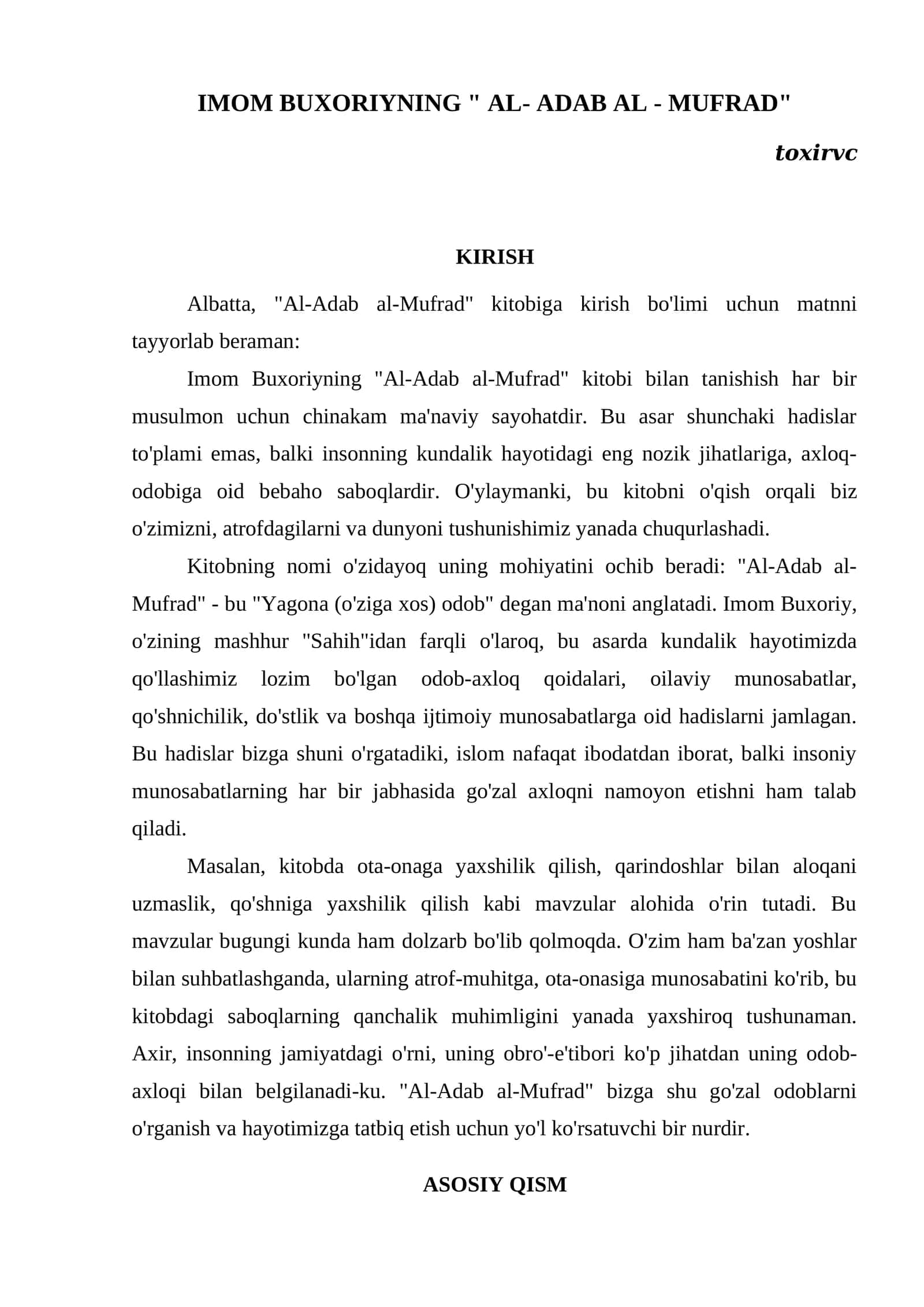 IMOM BUXORIYNING " AL- ADAB AL - MUFRAD"