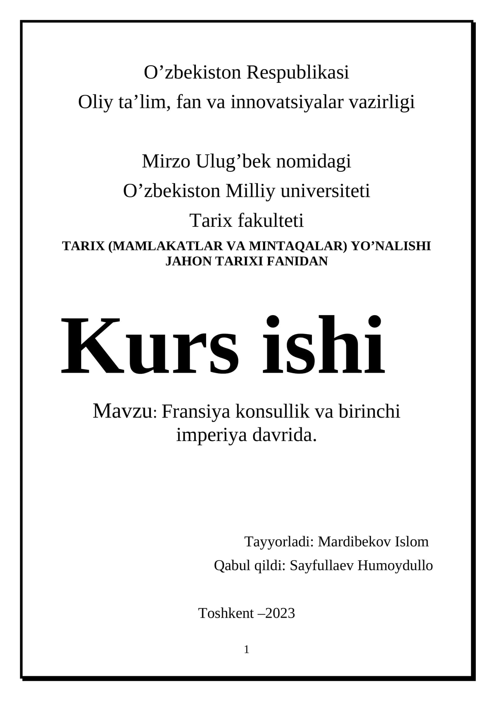 FRANSIYA KONSULLIK VA BIRINCHI IMPERIYA DAVRIDA